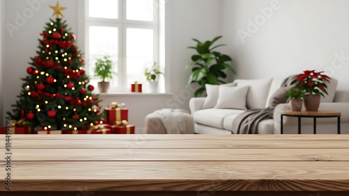 Cozy living room with christmas tree and decorated presents on wooden table top