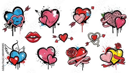 Graffitistyle collection of hearts pierced by arrows lips and roses
