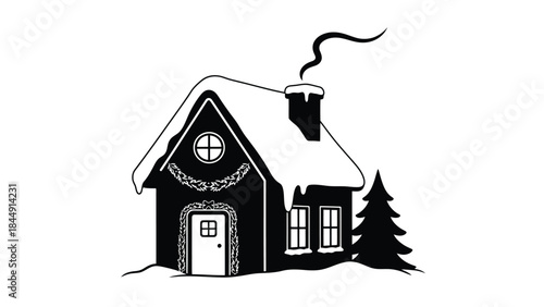 A simple black and white illustration of a cozy house with snow and trees