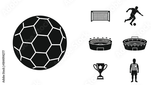 Soccer elements including ball goal player stadium referee and trophy