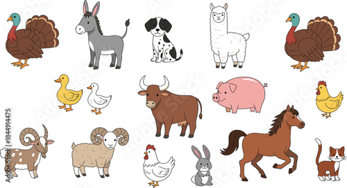 Adorable vector collection of various cartoon farm and domestic animals, including sheep, pig, cow, horse, donkey, alpaca, turkey, chickens, and rooster, isolated on white background.