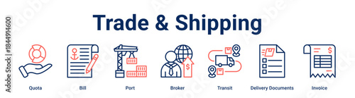 Trade & Shipping banner web icon vector illustration concept for business with icon of Quota, Bill, Port, Broker, Transit, Delivery Documents.