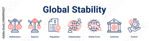 Global Stability banner web icon vector illustration concept for business with icon of Stabilization, Balance, Regulation, Globalization, Global Crisis, Authority.
