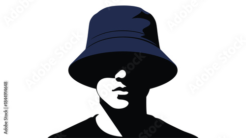 Silhouette of a person wearing a dark blue bucket hat side profile