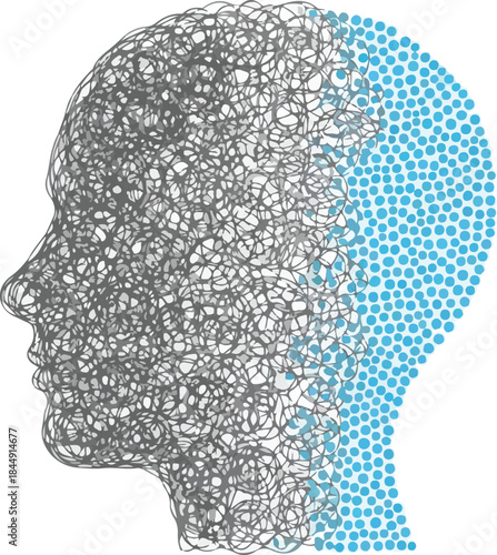 Abstract Vector Human Head Profile with Chaotic Lines and Organized Dots, Mental Health Concept