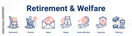 Retirement & Welfare banner web icon vector illustration concept for business with icon of Retirement, Pension, Salary, Wages, Asset allocation, Expenses.