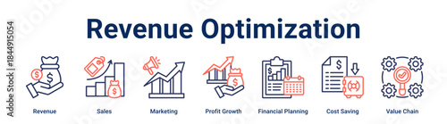 Revenue Optimization banner web icon vector illustration concept for business with icon of Revenue, Sales, Marketing, Profit Growth, Financial Planning, Cost Saving, Value.