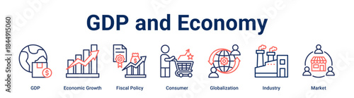 GDP and Economy banner web icon vector illustration concept for business with icon of GDP, Economic Growth, Fiscal Policy, Consumer, Globalization, Industry.