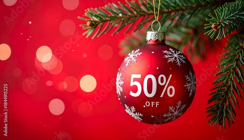 Christmas Tree Ball 50 Percent Off Red Festive Sale Background