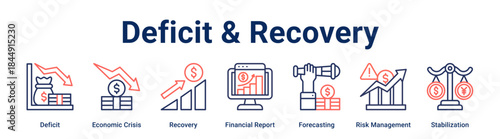 Deficit & Recovery banner web icon vector illustration concept for business with icon of Deficit, Economic Crisis, Recovery, Financial Report, Forecasting, Risk Management.