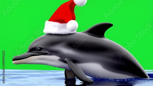 Festive Dolphin with Santa Hat on Green Screen Background