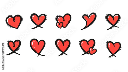 Ten red handdrawn sketchy heart icons arranged in two rows