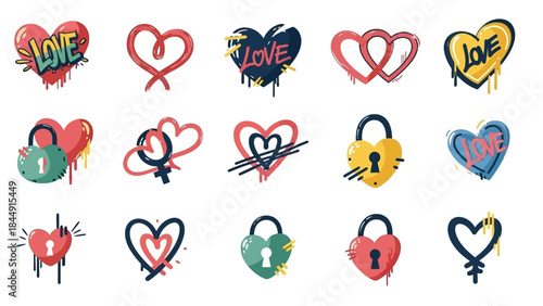 Fifteen heart icons with graffiti and lock themes in three rows