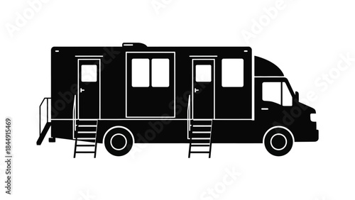 Black silhouette of a recreational vehicle with visible windows and ladders
