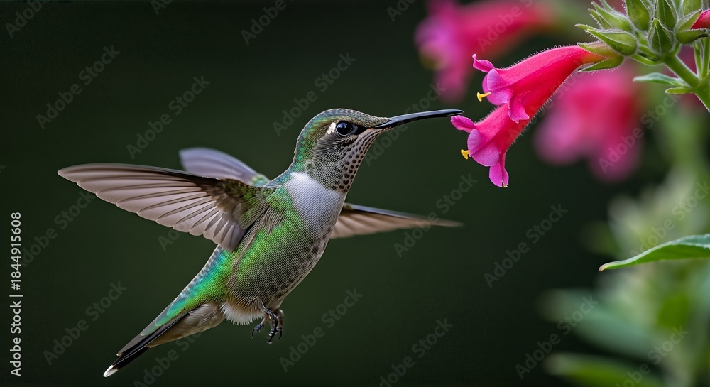 Fototapeta premium Green Hummingbird Hovering and Feeding on Pink Flower Nectar.