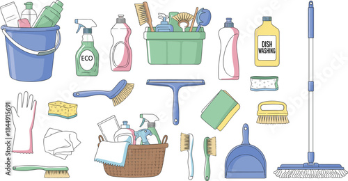 Comprehensive vector set of household cleaning products and equipment, including bucket, mop, gloves, sponges, squeegee, dustpan, and eco-friendly chemical bottles for home hygiene.