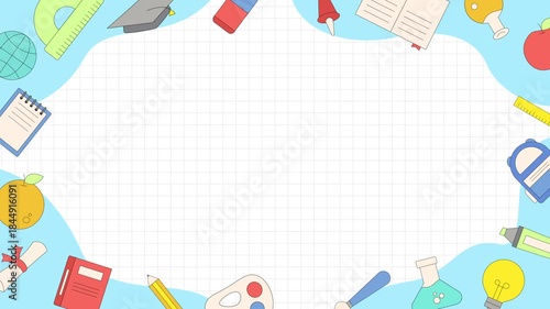 Back to school education frame background with flat school supplies illustration and large copy space, suitable for learning content, and academic design projects.