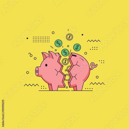Broken Piggy Bank with Coins - Financial Crisis and Savings Depletion.