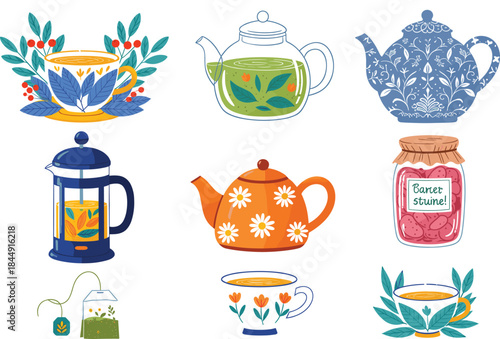 Stylish vector illustration set of decorative teapots and teacups, featuring floral, herbal, and geometric patterns in a vibrant, colorful, hand-drawn style, perfect for kitchen decor.