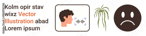 Communication, emotion, technology, plant life, mental health, voice analysis. A male profile with audio waves, a sad face and a plant. Communication and emotion