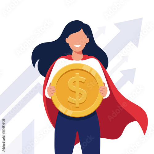 Flat vector illustration of a confident woman wearing a red cape and holding a gold dollar coin, symbolizing financial success, empowerment, and wealth growth, with upward arrows in the background.