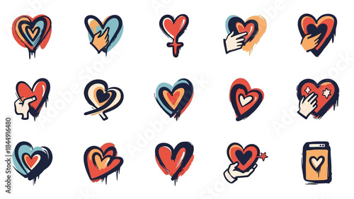 Collection of fifteen stylized handdrawn heart icons with dripping paint effect