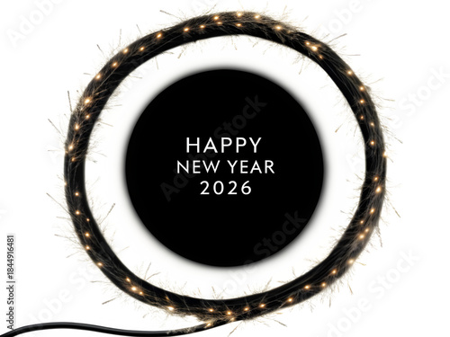 Warm golden sparkler trail forming a perfect glowing circle, tiny sparks radiating softly outward, centered clean “Happy New Year 2026” in modern typography, pure white background