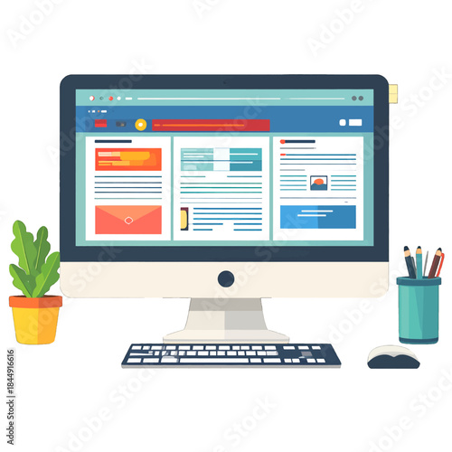 Desktop Computer Displaying Website Interface With Keyboard Mouse Plant And Pen Holder On White Background