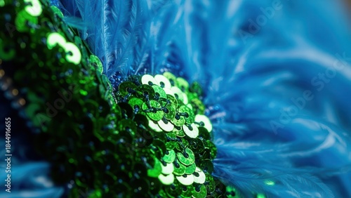 An artistic macro photograph showcases a vibrant composition of sequins and feathers. The combination of textures and hues evokes creativity.
