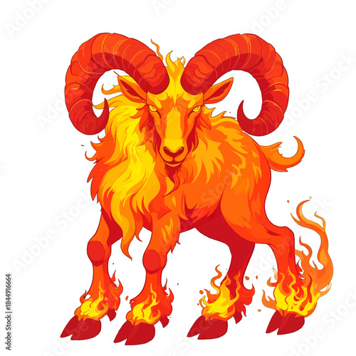 Fiery Ram Creature With Flaming Mane and Hooves in Pixel Art Style