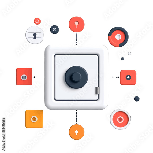 Secure digital vault surrounded by data icons and keys abstract 3d render