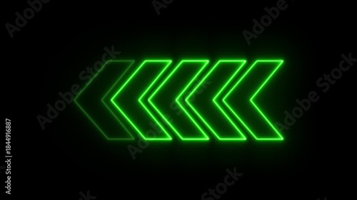 Glowing neon left side arrow animation,  left side business arrow animation, green color abstract  left side business arrow 4k video footage animation on black background .