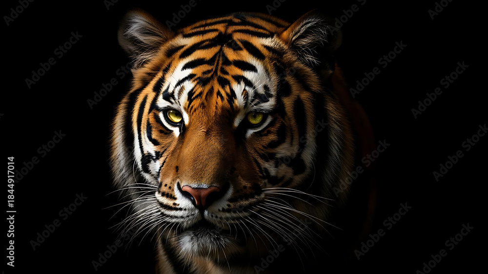 Obraz premium Closeup portrait of a tigers face with intense gaze on black background