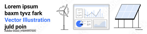 Wind turbine, solar panel, and data chart with graphs and pie chart emphasize clean energy. Ideal for sustainability, green technology, energy management, innovation, analytics, eco awareness simple