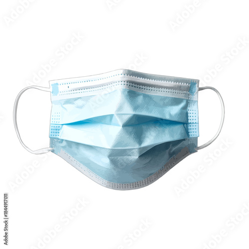 Close up of a disposable blue medical face mask with white ear loops on a white background a single object for health protection during a pandemic