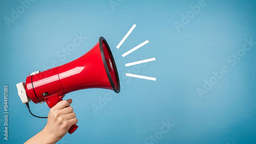 A hand holding a red megaphone on a blue background with white lines