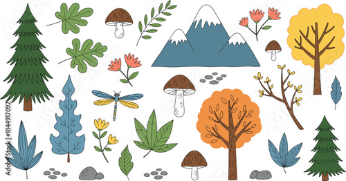 Charming vector set of outdoor and nature elements, featuring snow-capped mountains, colorful trees, autumn leaves, mushrooms, dragonflies, and forest foliage in a cute cartoon style.
