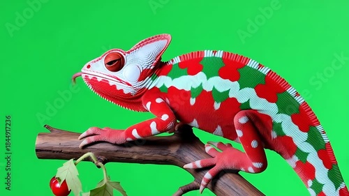 Vibrant Red, White, and Green Chameleon on Branch against a Green Screen Background