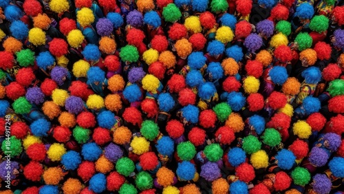 People wearing colorful wigs during a street carnival celebration.
