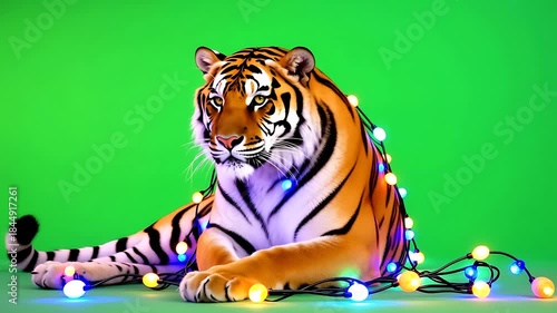 Regal tiger with colorful glowing string lights on green screen background, festive wild animal portrait