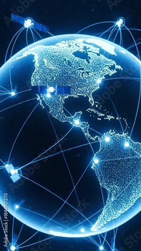 Global Network Communication With Earth Orbiting Satellites Showing Blue Light Connections Across Continents In Dark Space Environment