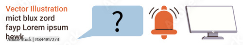 Communication, notifications, digital alerts, online inquiries, query resolution, tech support interface. A question mark cloud, alert bell and computer monitor. Communication and notifications in