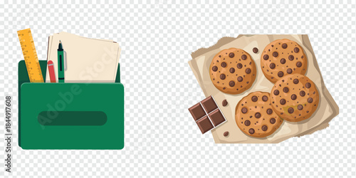 Desk Organizer and Chocolate Cookies Flat Illustration Set
