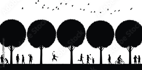 Vector silhouette landscape of a park, featuring large trees, flying birds, and children playing various games like soccer, cycling, and running, symbolizing nature, recreation, and community.