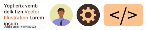 Technology, software development, teamwork, business communication, technical roles, project planning. Human figure, gear icon coding symbol in flat design. Technology and software development