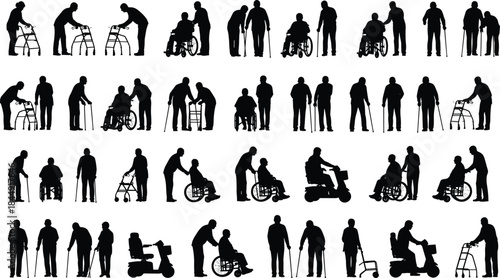 Vector silhouette set of elderly and disabled people using canes, wheelchairs, walkers, and mobility scooters with caregivers, isolated on white