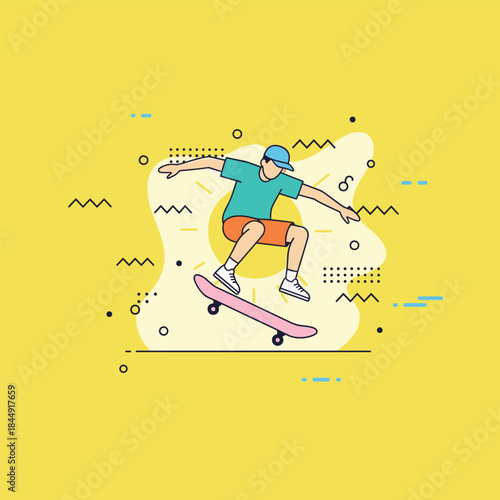 Skateboarder in Mid-Air Performing Trick with Graphic Background.