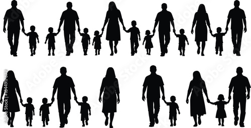 Vector Silhouettes of Parents and Children Walking Together, Diverse Families Holding Hands with Toddlers and Young Kids, Isolated Black Figures on White Background for Family Concept