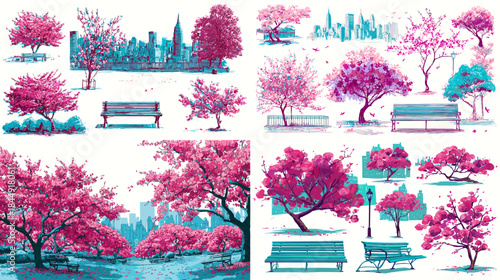 Romantic park illustration with pink blossoming trees benches and calm scenery painted in a dreamy pastel style ideal for spring themes peaceful landscapes and decorative artwork.