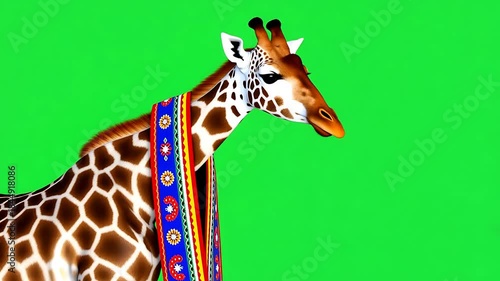 Stylish Giraffe with Colorful Scarf on Green Screen - Isolated Animal Portrait